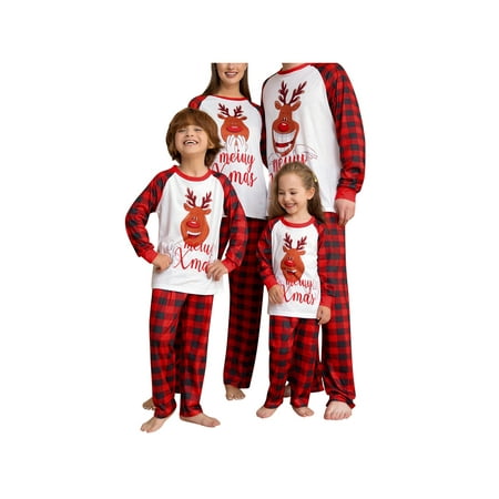 

Huakaishijie Family Matching Christmas Pajama Set Cartoon Elk Letter Print Long Sleeve Tops + Plaid Pants