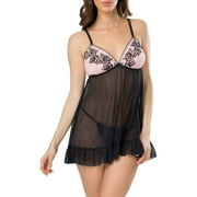 Women's and Women's Plus Embroidery and Mesh Babydoll and Panty 2 Piece Sleepwear Set