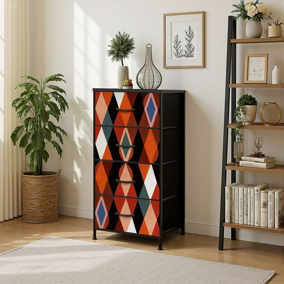 4 Drawer Vertical Storage Dresser geometric framed triangles circles with Wood Top Fabric Pull Drawers