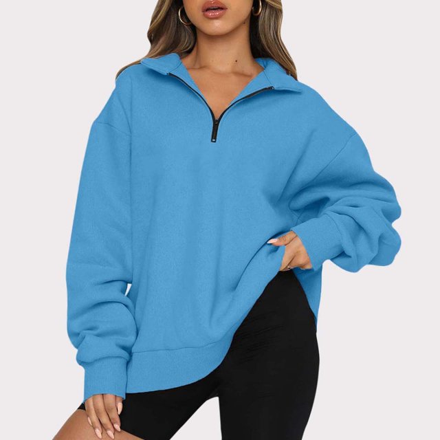 Puntoco Blusa de manga larga con solapa y cremallera de color sólido para mujer Puntoco Puntoco-4815