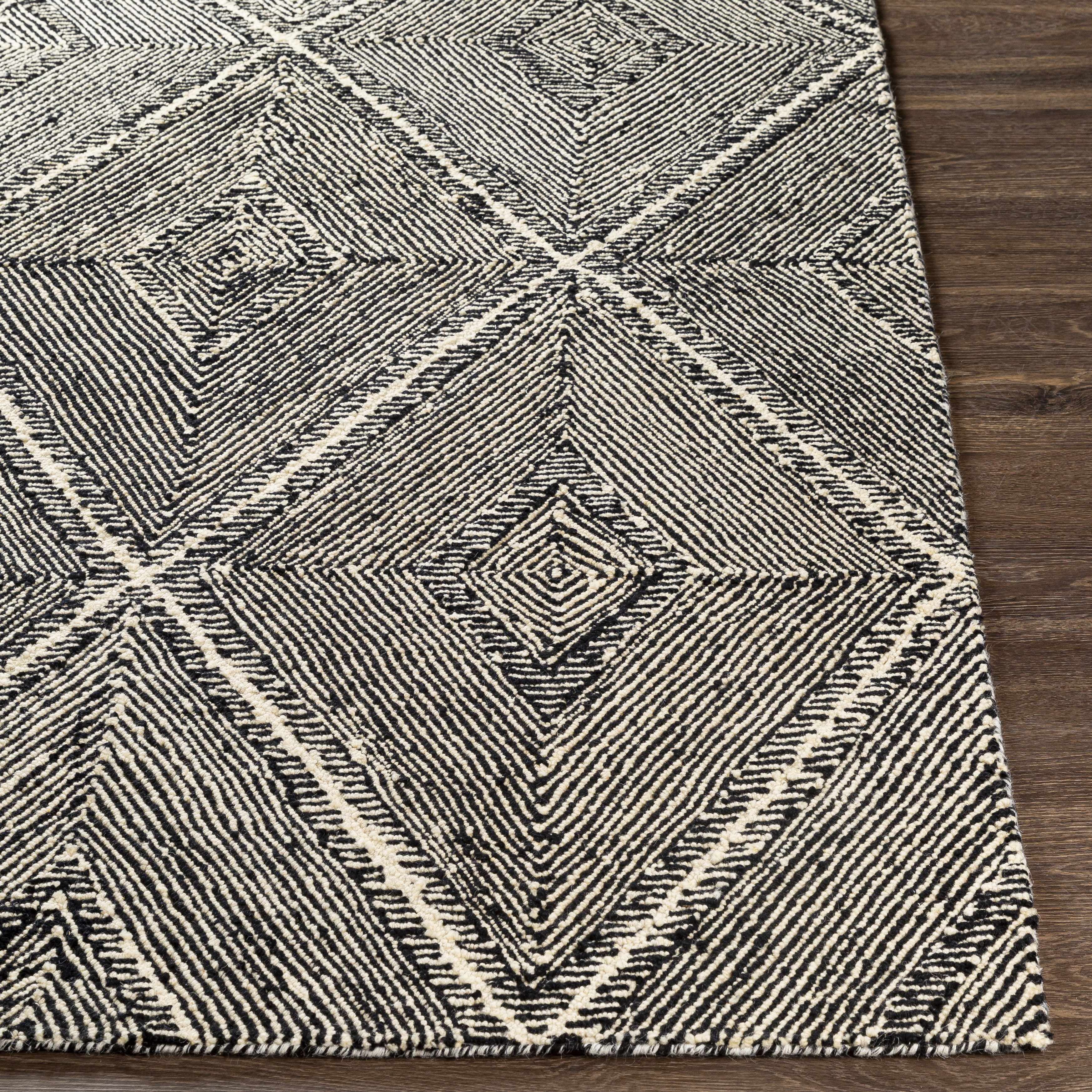 Hauteloom Dimbulah Boho Diamond Hand Tufted Wool Natural Fiber Soft Area Rug - Traditional Trellis Carpet for Living Room, Bedroom, Dining Room - Black and White - 6' x 9'