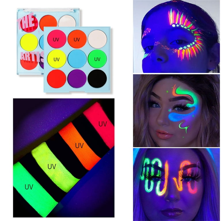 LATIBELL Water Activated UV Face Body Paint Set with 1 Makeup Brush Black  Light Reactive Neon Fluorescent Face & Body Paint Makeup Kit for UV Party  Halloween Water Activated Eyeliner - 12 Colors