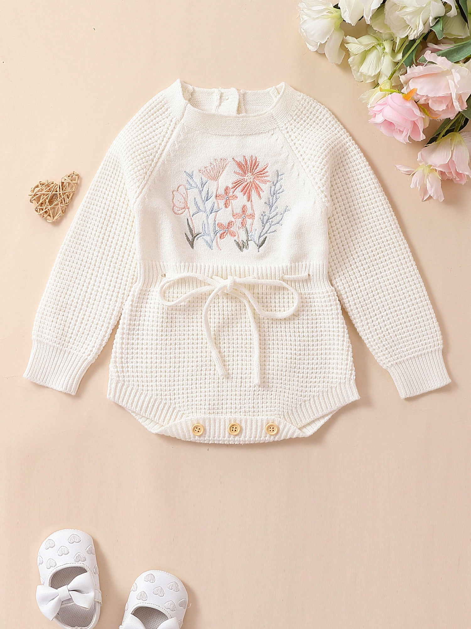 Wassery Baby Girls Knit Rompers Flower Print Crew Neck Long Sleeve Drawstring Onesies Infant Fall Jumpsuits Newborn Casual Bodysuits 0-24M