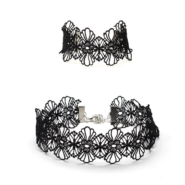 New Women's Black Lace Flower Choker Necklace Bracelet Punk Gothic Jewelry Set 
