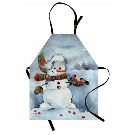 - Snowman Apron Watercolor Style Snowfall Outdoors Merry Christmas Theme Winter Bullfinch Birds, Unisex Kitchen Bib Apron with Adjustable Neck for Cooking Baking Gardening, Multicolor, by Ambesonne