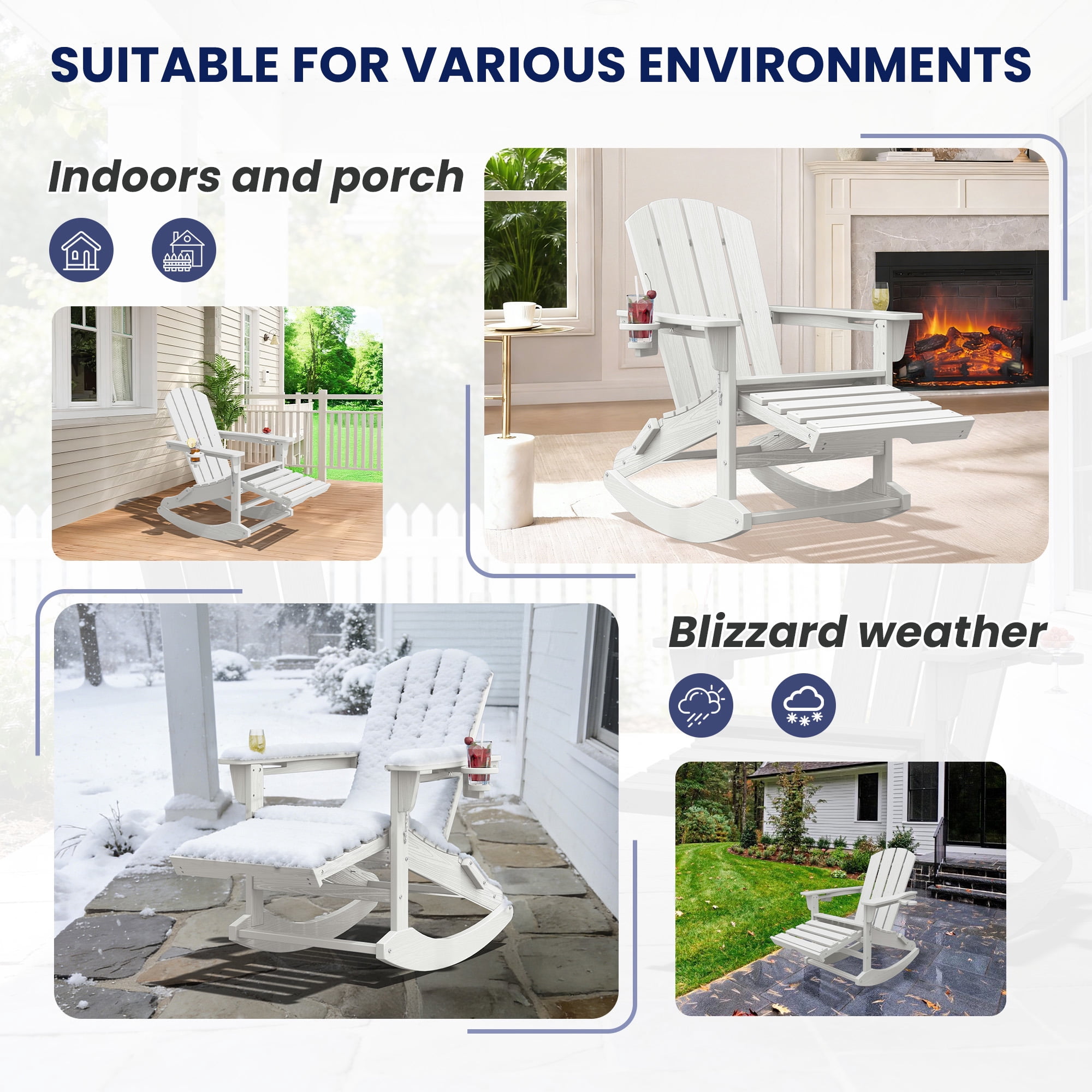 KINGYES Adirondack Rocking Chair with Retractable Ottoman and Cup Holders, HDPE Adirondack Rocker, Patio Rocking Chair for Porch, Patio