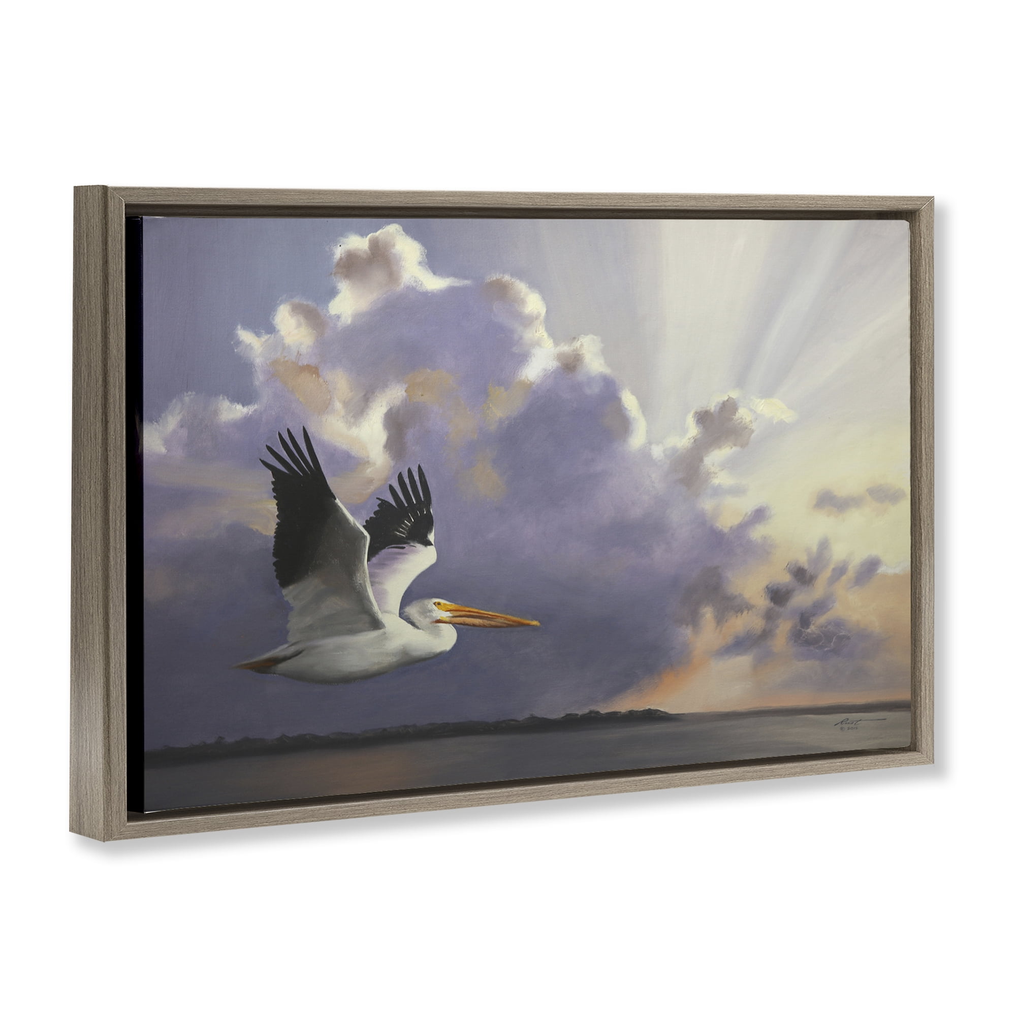 Stupell Industries Dawn Sunrise Pelican Landscape Painting Brown Floater Framed Canvas Art Print Wall Art, 31 x 21