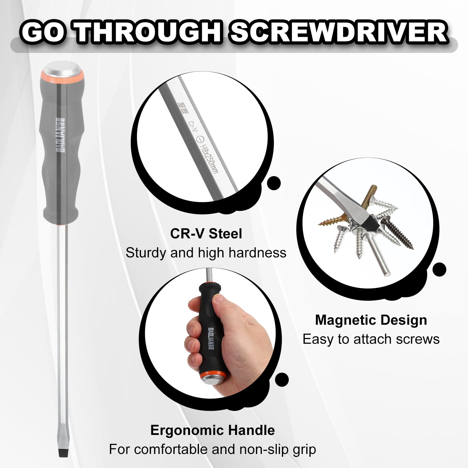 Uxcell 2Pcs Magnetic Screwdriver Set SL8/PH8 x 250mm CR-V Steel Go-thru Phillips Slotted Screwdrivers with Striking Cap for Industry and Automobile Repair