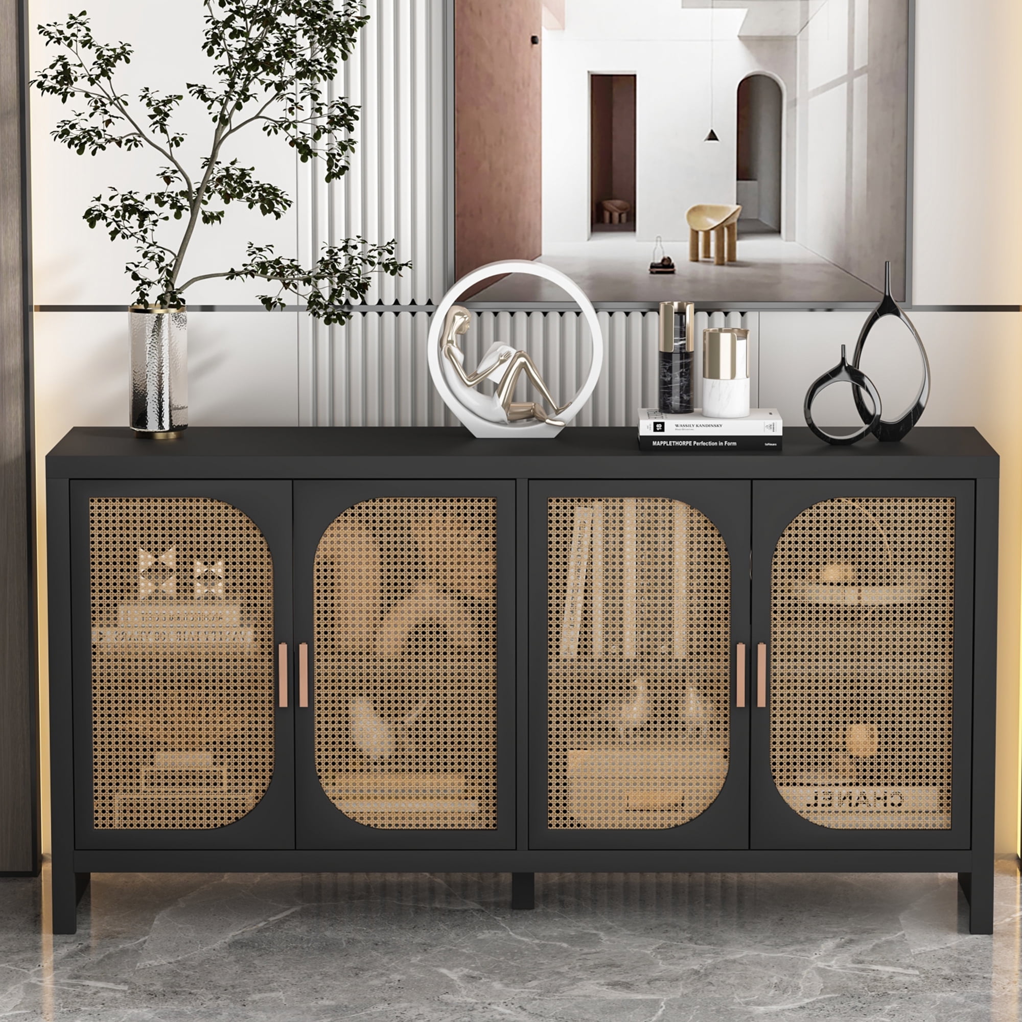 Sideboard Cabinet with 4doors, Buffet Cabinet, Rattan Cabinets with Storage, Living Room