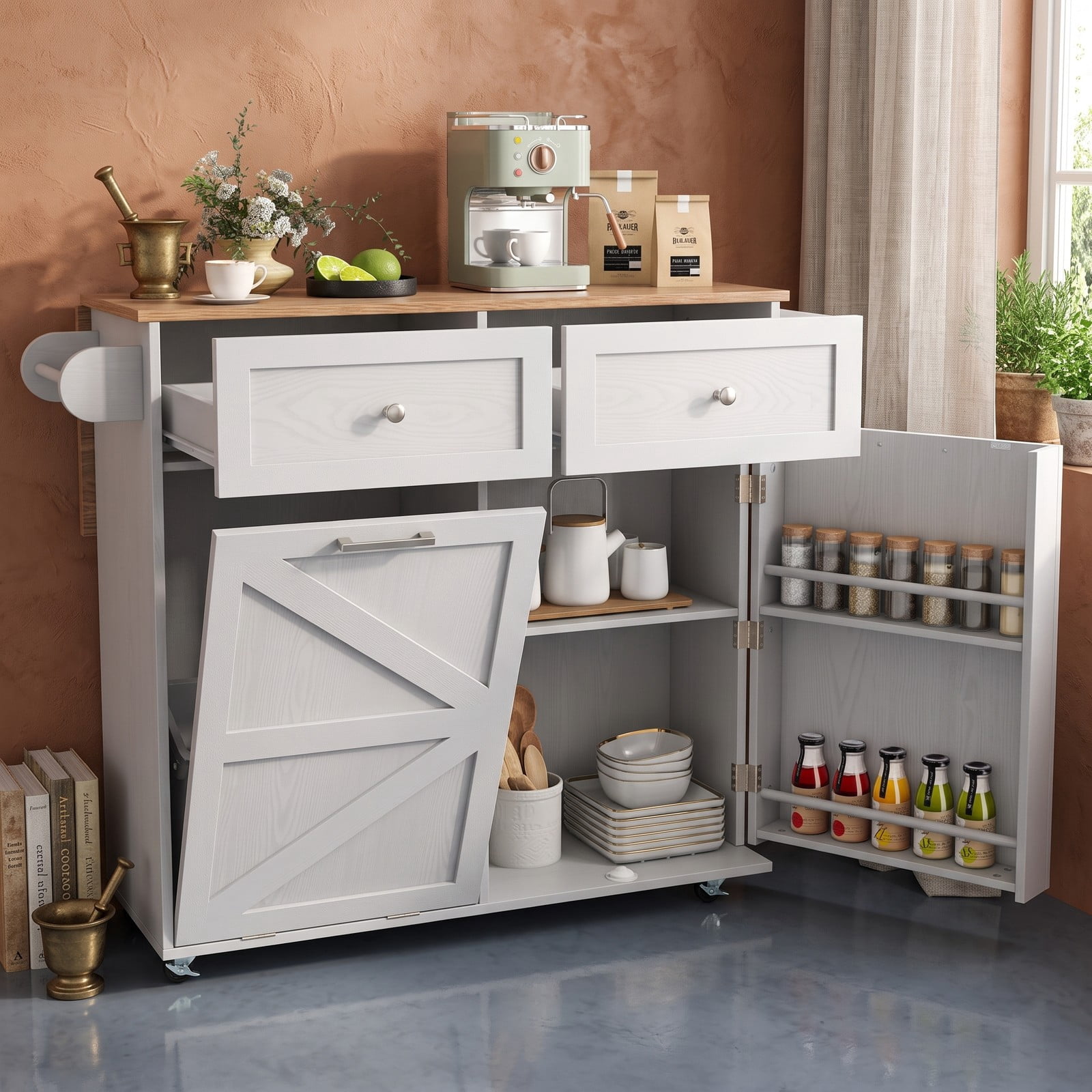 Furnibear Rolling Kitchen Island with Trash Can Cabinet, Drop Leaf Kitchen Cart with 2 Drawers, Spice and Towel Rack, Rubber Universal Wheels for Dining Room, Grey