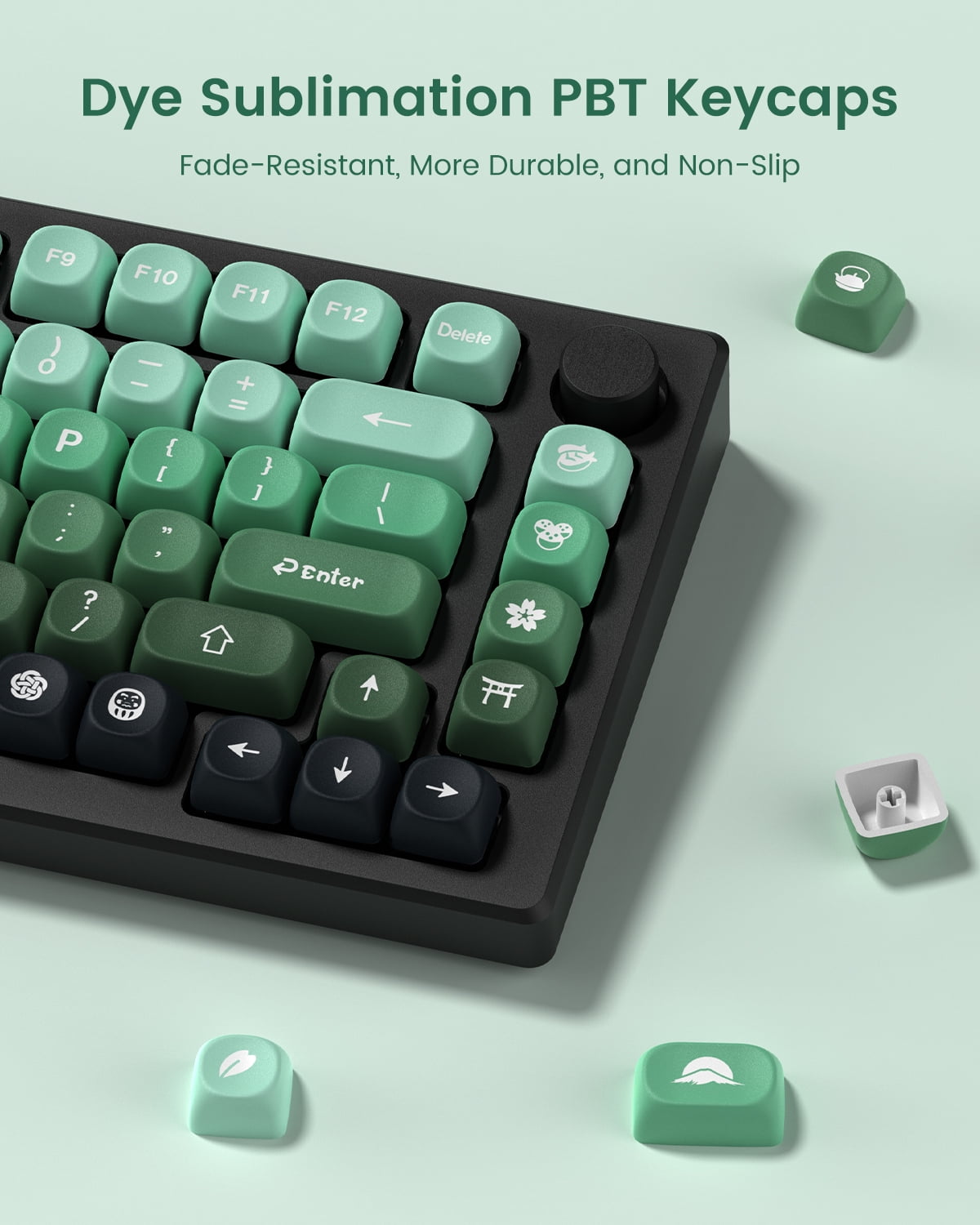 COSTOM Matcha Gradient Green PBT Keycaps, MOA Profile Cute Custom Keyboard Keycaps Janese Style 5 Side Dye Sublimation, 132 Keys Set for 60% 65% 75% 80% 100% Cherry Gateron MX Mechanical Keyboard