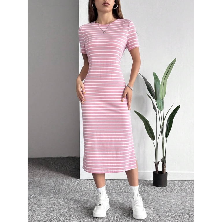 Dusty Pink Striped Knit Short Sleeve Midi Dress Casual Summer Style