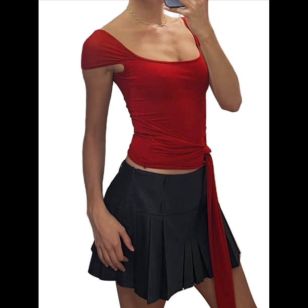 Camisetas de Corta con Cuello Cuadrado para Mujer, Sin Espalda, Ajustadas, Y2K Rojo S