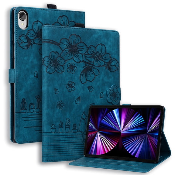 FJLBDE Case for Lenovo Tab P11 11.0 Inch TB-J606F with Stand, Card Slot, Embossed Cat PU Leather Cover, Blue