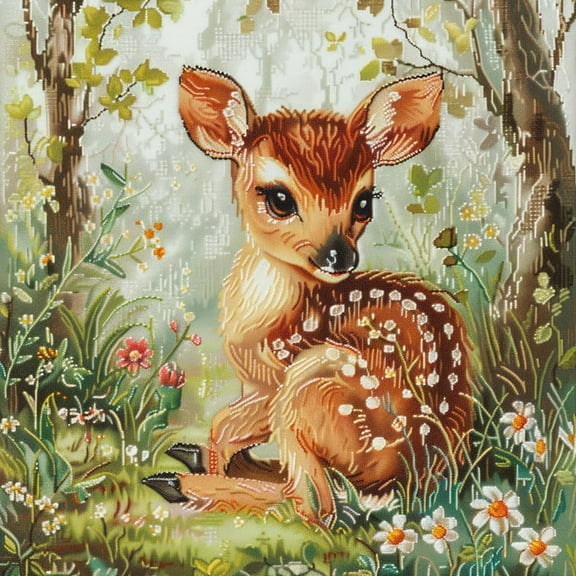 Cute Little Deer in Flowers DIY 11CT Stamped Cross Stitch Kits for Beginners Easy Needlepoint Embroidery Counted Cross Stitch Art Craft for Wall Decoration 14x14inch(1)