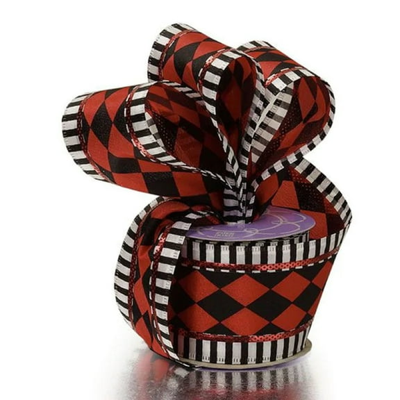 Red And Black Harlequin Striped Wired Ribbon - 2 1/2 Inches Wide X 10 Yards (56152870)
