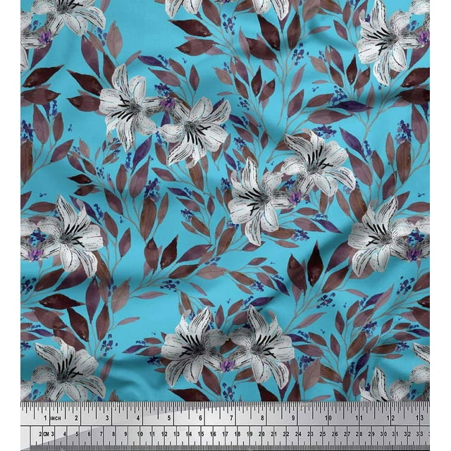 Soimoi Tissu en Poly Georgette Bleu Feuilles & Lys Imprimé Floral 1 Yard 52 Pouces de Large