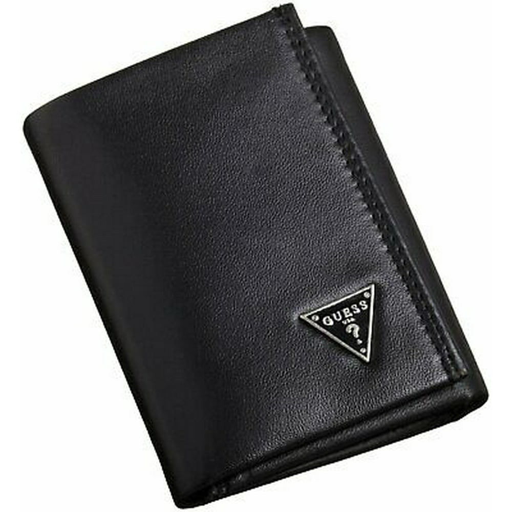 GUESS - Men's Guess Black Leather Billfold Trifold 6 Card Slot Wallet ...