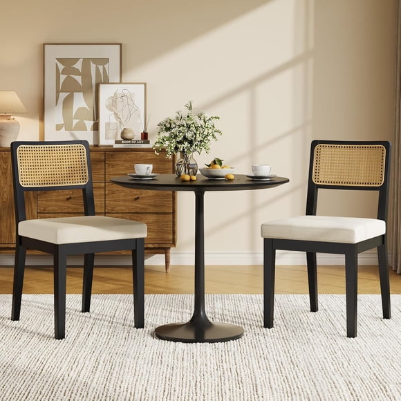 Rattan Dining Chairs Set of 2, French Country Wooden Chairs with Natural Cane Back & Upholstered Seat, Farmhouse Armless Side Chairs for Dining Room Kitchen, Black or Natural