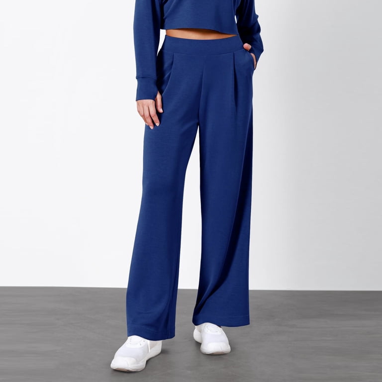 navy blue high waisted dress pants High-Waisted Wide-Leg Pants (Navy)