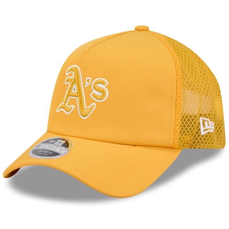 Men's New Era Gold Athletics 2026 Batting Practice Apex 9FORTY Adjustable Trucker Hat
