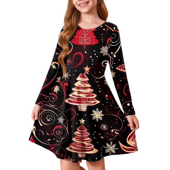 FAOWME Big Child Girls Dress Long Sleeve Round Neck Christmas Tree Print Stylish Comfortable Dresses For Holiday Party Black 4-5 Years