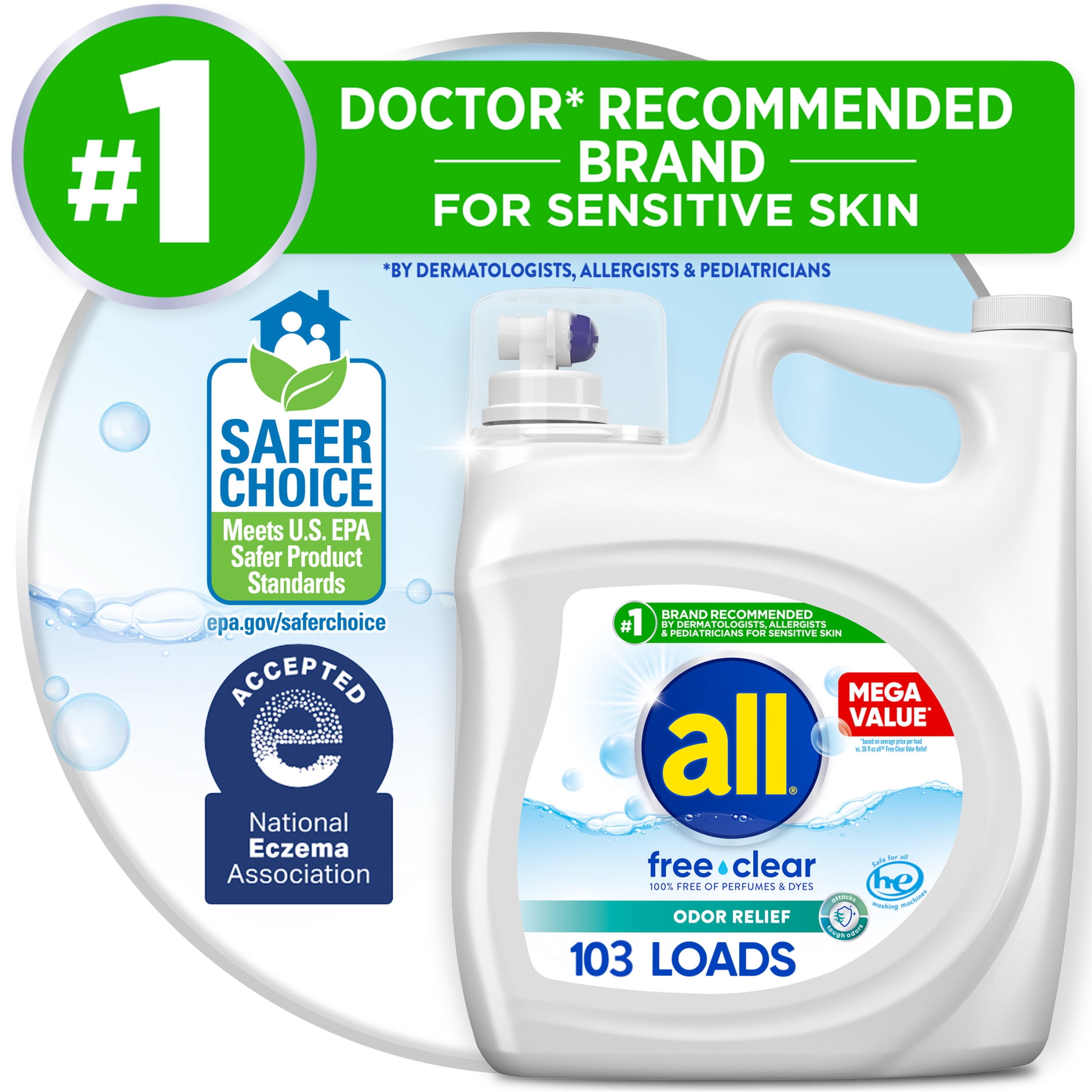 (6 pack) all Free Clear Liquid Laundry Detergent, Odor Relief, 184.5 oz, 103 Loads
