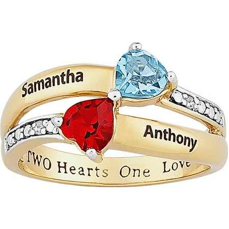 Personalized Birthstone and Diamond Accent 18kt Gold over Sterling Silver Couple's Kissing Hearts Ring