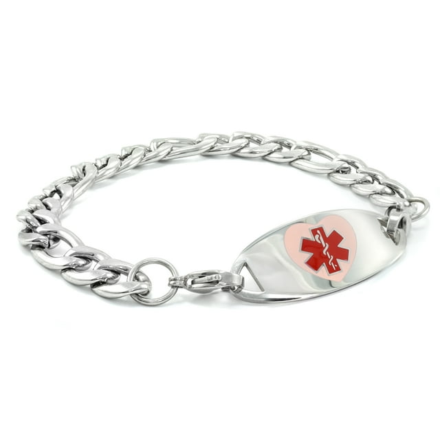 MedicEngraved Bracelet à Maillons Figaro 9 mm en Acier Inoxydable 316L pour Chirurgie avec Étiquette Médicale en Émail - Gravure Médicale Incluse