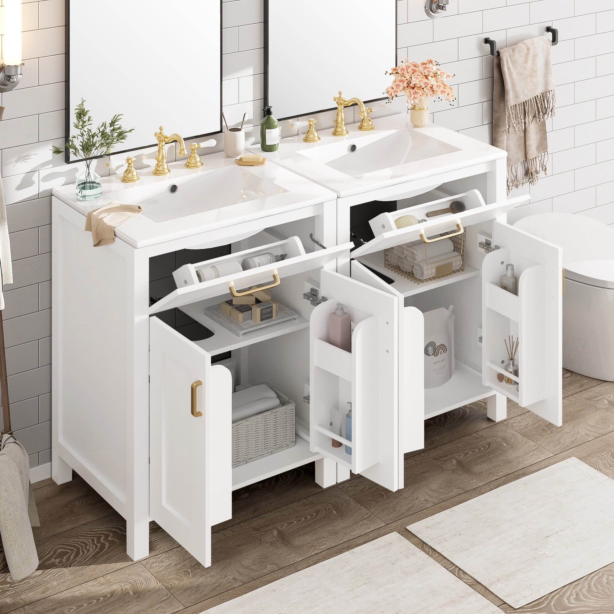 Euroco Modern 48-Inch Bathroom Vanity with Ceramic Sink, Soft-Close Doors, Flip Drawer, Double-Layer Door Shelves, Elegant Storage Solution