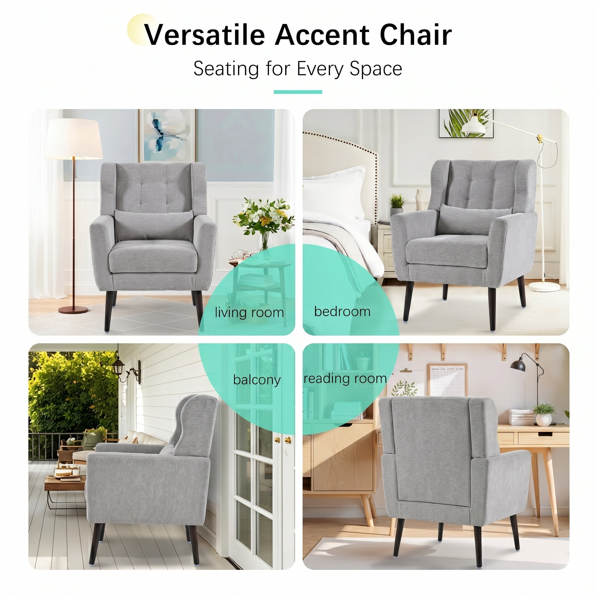 AISWORD Modern Accent Chair, Upholstered Armchair with Pillow, Fabric Single Sofa Chair with Lounge Seat and Wood Legs Accent Chair for Living Room Bedroom Small Spaces, Grey