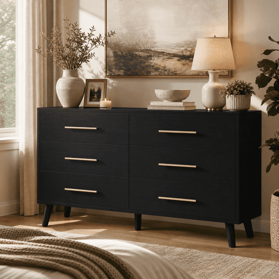 Aiho Modern 6-Drawer Dresser, Wooden Chest with Cut-Out Handles, Wide Double Black Drawers for Bedroom, Living Room, Entryway
