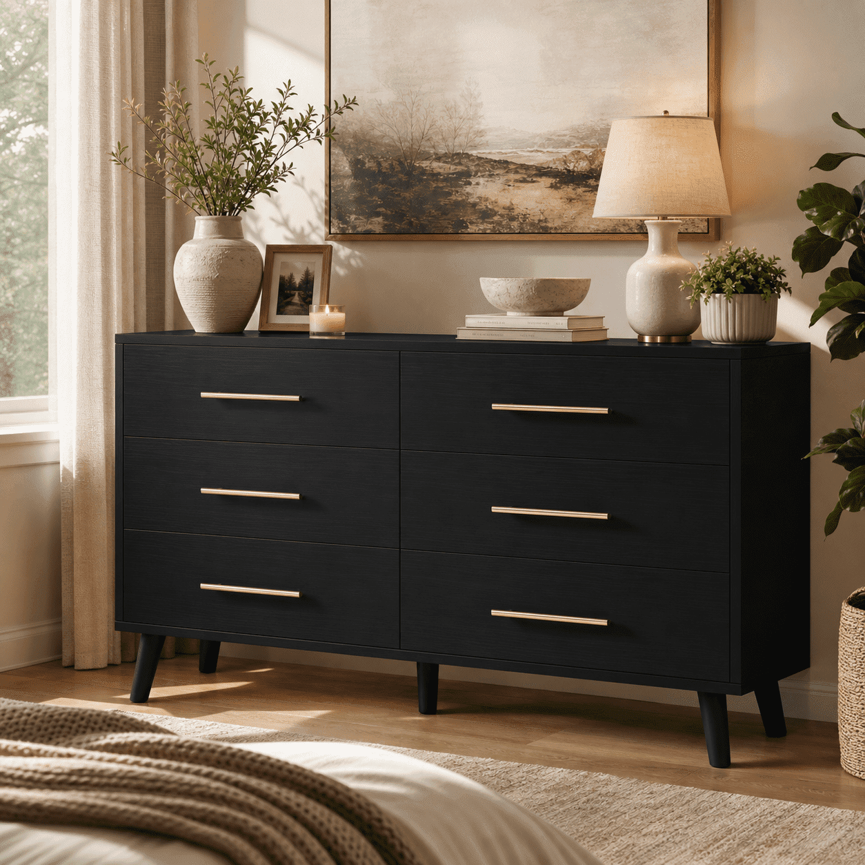Aiho Modern 6-Drawer Dresser, Wooden Chest with Cut-Out Handles, Wide Double Black Drawers for Bedroom, Living Room, Entryway