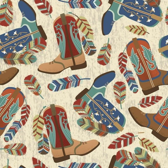 David Textiles 44" x 1 Yard Cotton Boots Feathers Precut, Off-White|Multi-color