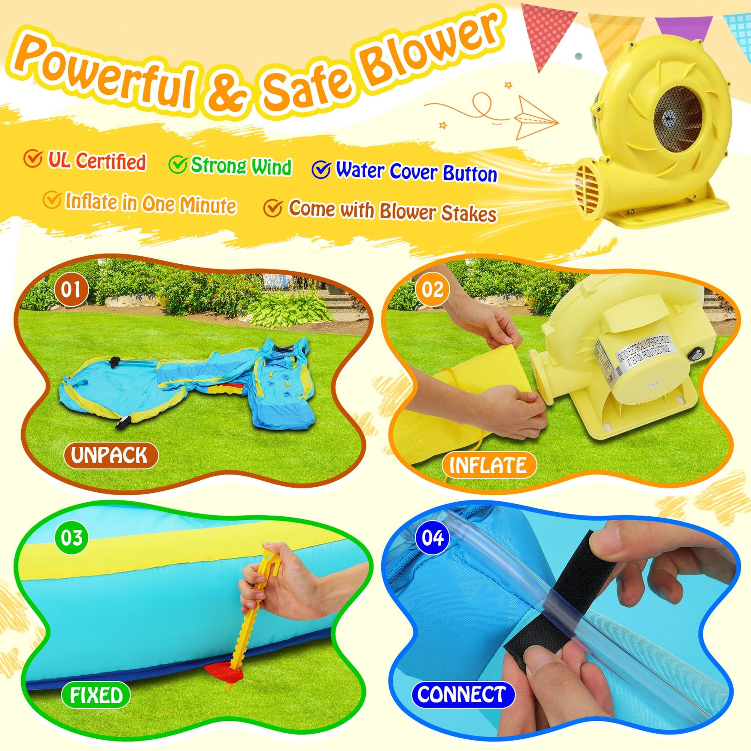 Funcid Inflatable Bounce House with Blower Indoor Outdoor, Kids Toddler Bouncy House Waterslide Park