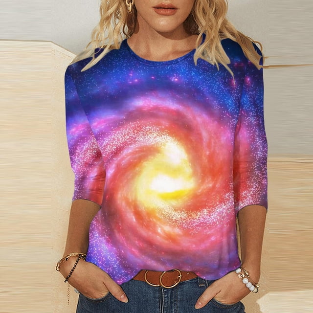 Pntutb T-Shirts à Manches Courtes pour Femmes Liquidation T-Shirt à Col Rond Imprimé Ciel pour Femmes Haut à Manches 3/4 Rabais