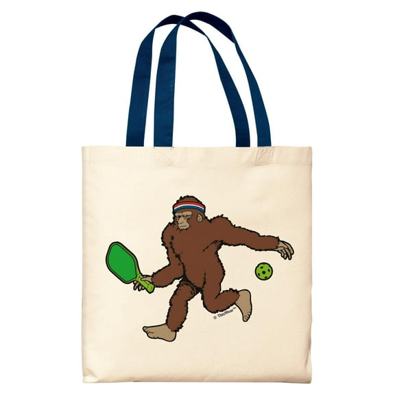 Funny Pickleball Gifts Sasquatch Playing Pickleball Navy Handle Canvas Tote Bag