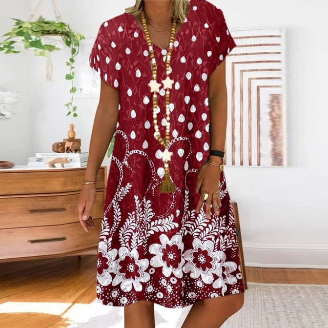 WILLBEST Robes Longues et Robes de Soirée Mode Femmes Décontractées Ample à Pois Floraux Patchwork Col en V Manches Courtes Robe