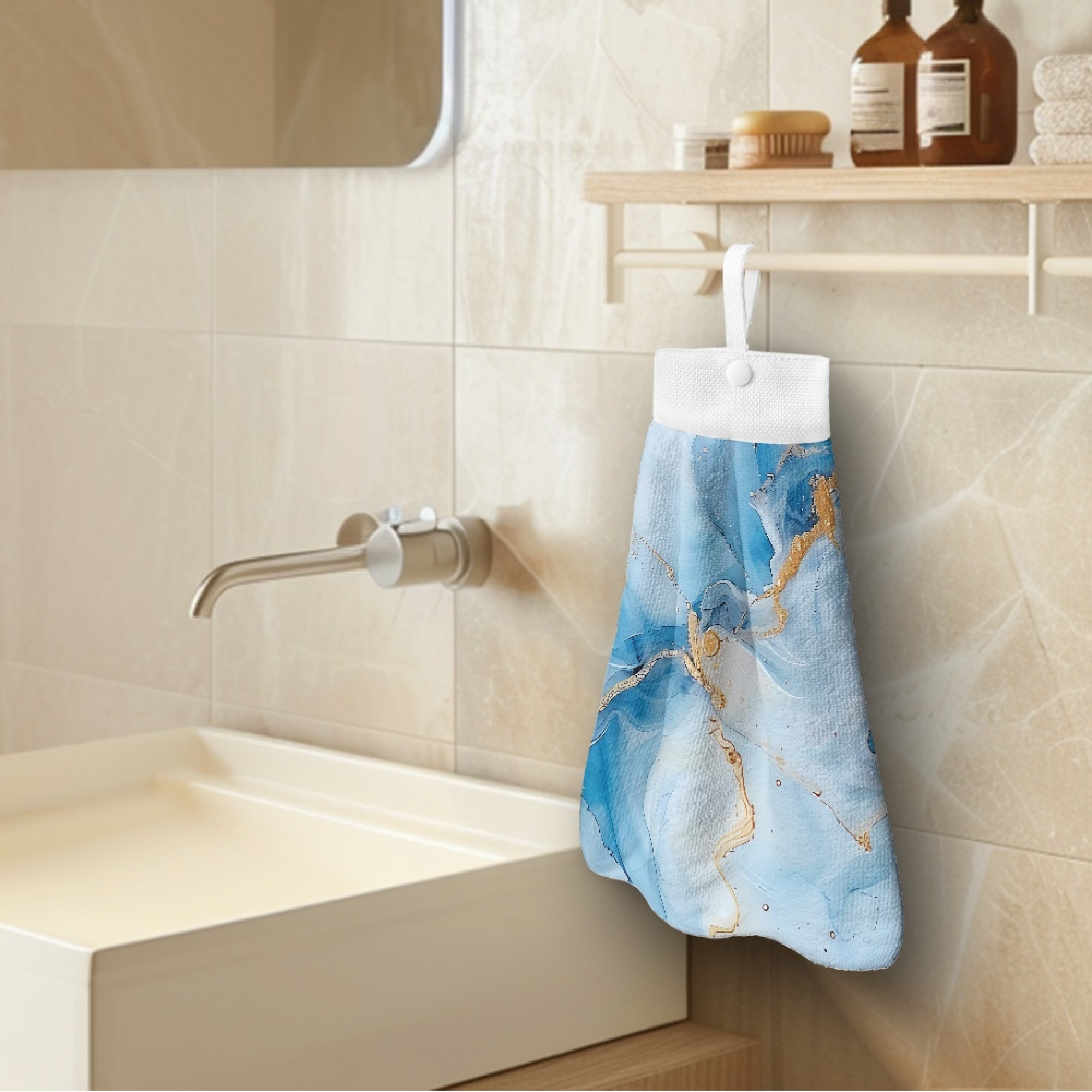 SEANATIVE Blue Marble Print Hand Towels with Hanging Loops Highly Absorbent Hanging Hand Towels for Bathroom Set of 3 Kitchen Quick Dry Hanging Tie Towels Breathable Fingertip Towel