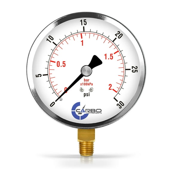 CARBO Instruments 4" Pressure Gauge, Chrome Plated Steel Case, Dry, 0-30 psi/kPa, Lower Mount 1/4" NPT