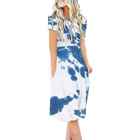 JuneFish Women's Summer Casual Short Sleeve Dressy Dresses Empire Waist Knee Length Dress with Pockets