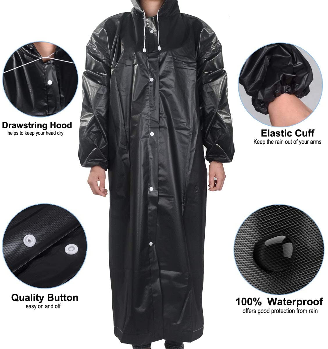 2 Pack Emergency Reusable EVA Raincoats Rain Ponchos with Drawsting Hood and Elastic Cuff Sleeves NEOYARDE Rain Coats 