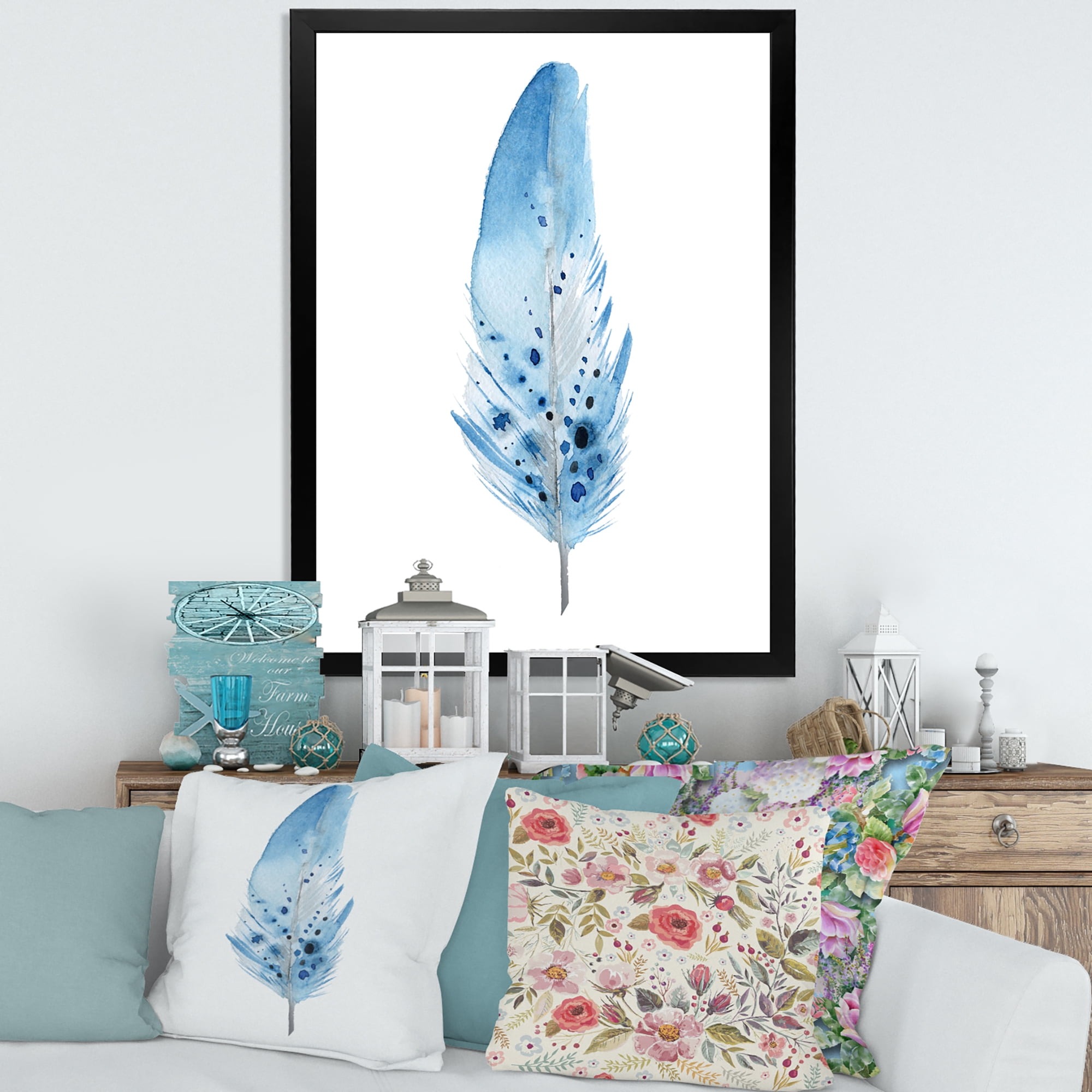Designart 'Abstract Blue Boho Feathers' Bohemian & Eclectic Framed Art Print