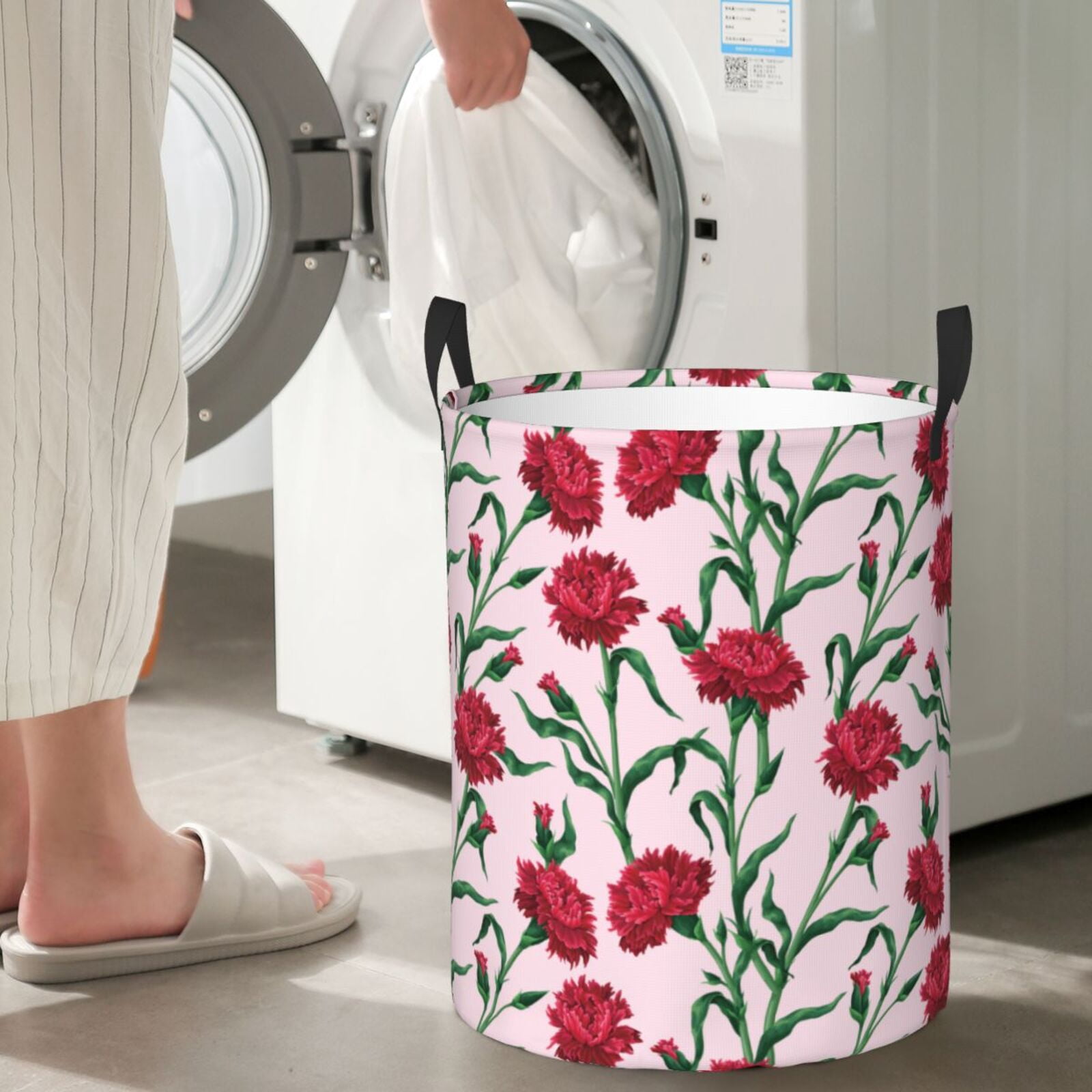 Large Laundry Basket with Handles - Green Leaves Carnations Flowers Kids Baby Dirty Clothes Laundry Hamper for Bedroom Aesthetic