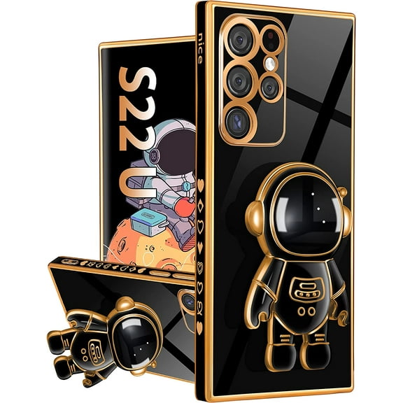 for Samsung Galaxy S22 Ultra Case with Astronaut Stand, Women Girls Galaxy S22 Ultra Cases, Girly Cute 6D Spaceman Heart Pattern Phone Cover for S22 Ultra 6.8 Inch Black