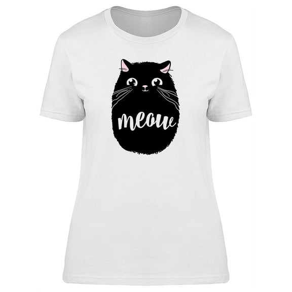 Funny Chubby Black Cat Meow Word T-Shirt Women -Image by Shutterstock, Female x-Large
