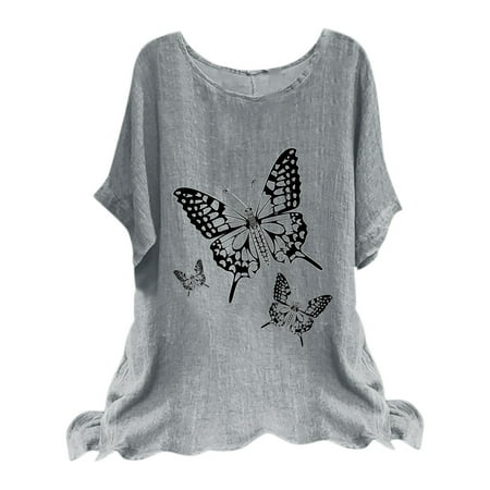 

Blouses for Women Dressy Casual Women Summer Loose Printed Cotton And Linen O-Neck T-Shirt Short Sleeve Tops Graphic Tees for Women Black XXL