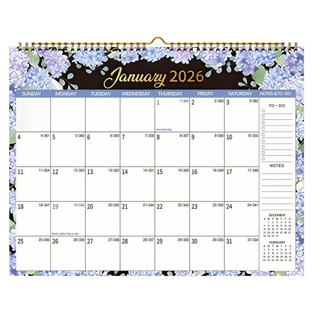 Calendario inglés 2026 con decoración de pared con espiral de flores, plan diario, calendario de 12 meses