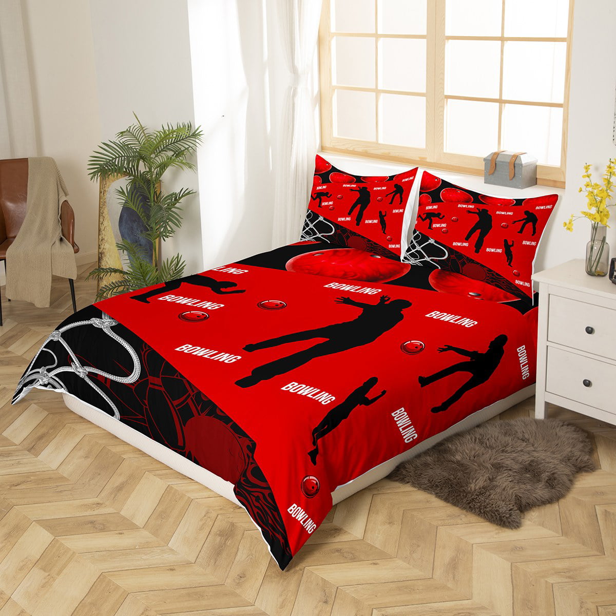 Ambesonne Bowling Party Duvet Cover Set, Symmetrical Pins, King, Blue White  Red