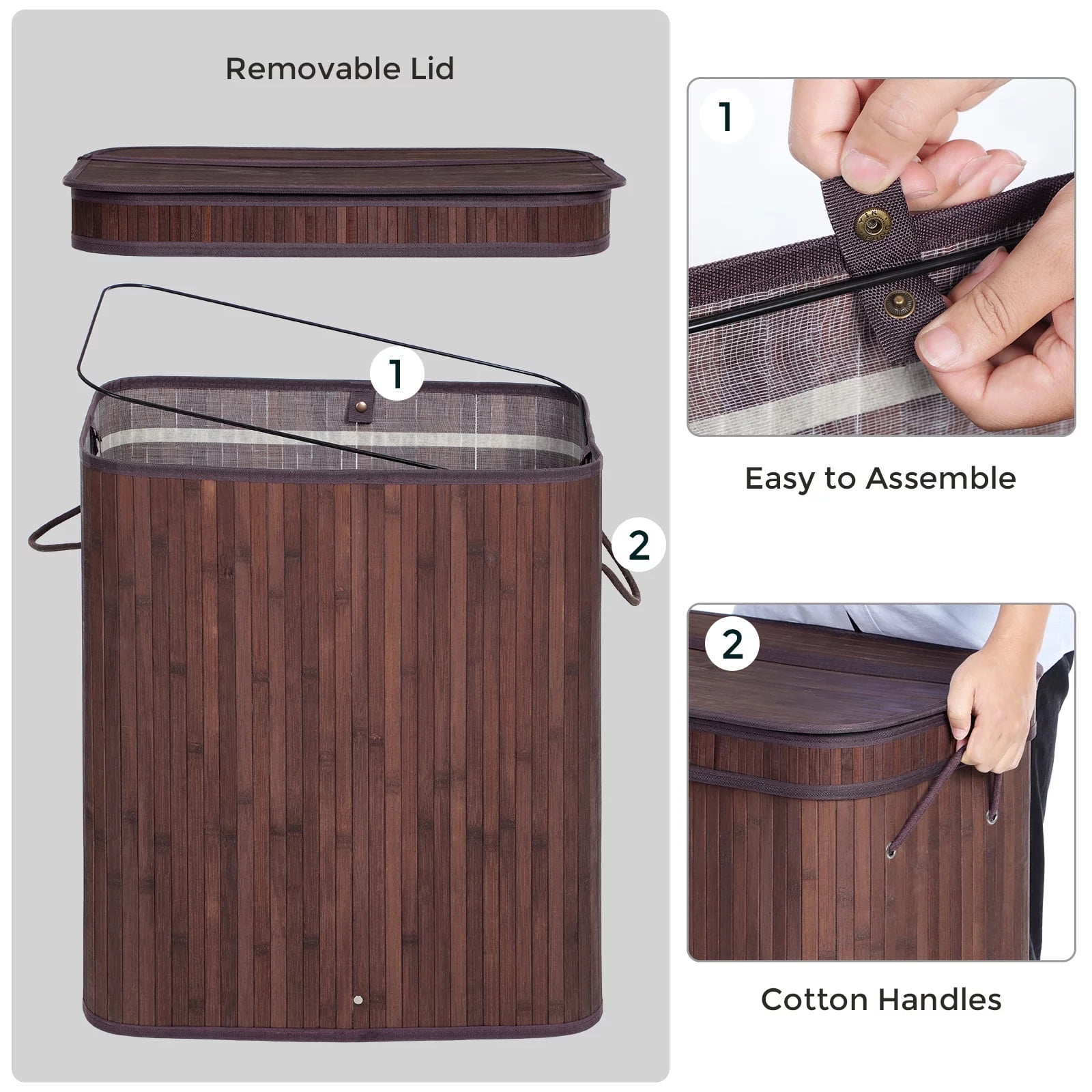 TEAFIRST 100L Large Bamboo Laundry Hamper, Clothes Storage Organiser Bag, Basket with Lid, Brown